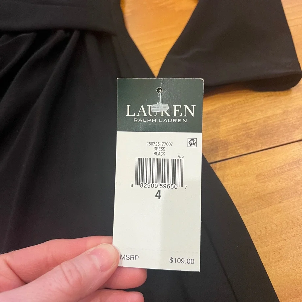Lauren Ralph Lauren Black Faux Wrap Ruched Sheath Dress 3/4 Sleeve Size 4 NEW - Picture 4 of 9
